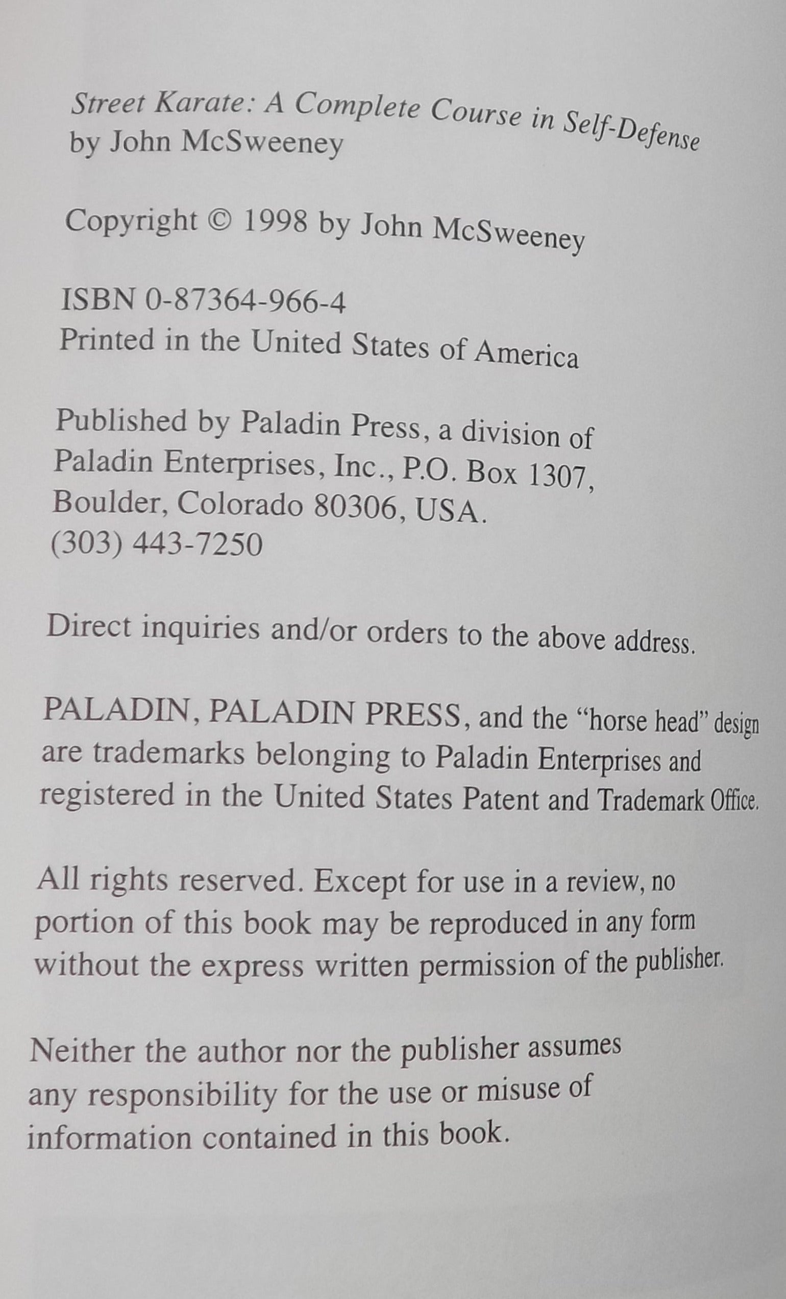 Street Karate A Complete Course in Self-Defense by John McSweeney |  Rare Paladin Press