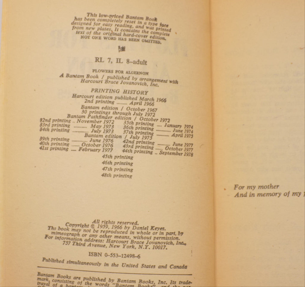 Flowers For Algernon by Daniel Keys | Bantam Books, 1978