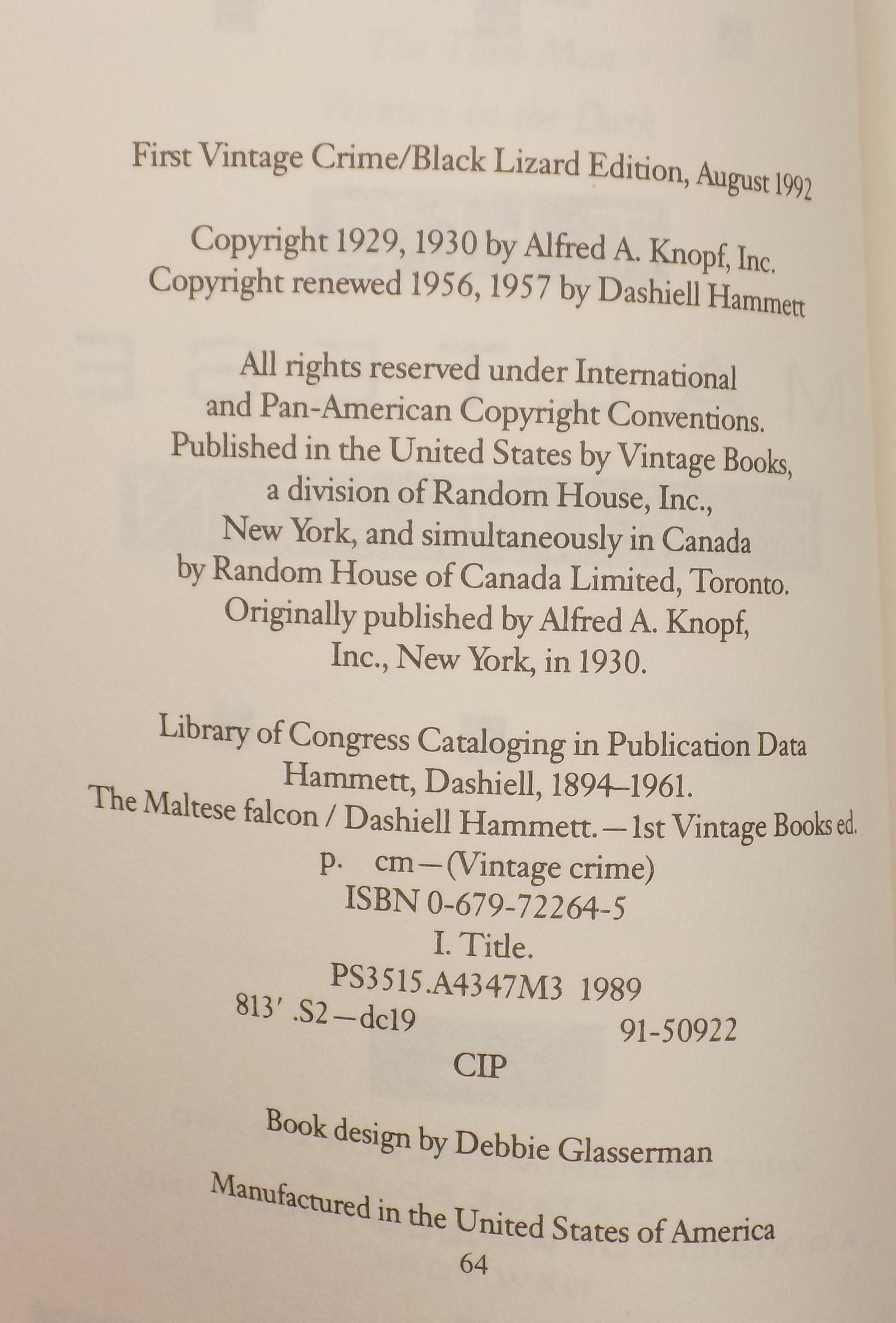 The Maltese Falcon by Dashiell Hammet | Vintage Crime/Black Lizard Edition