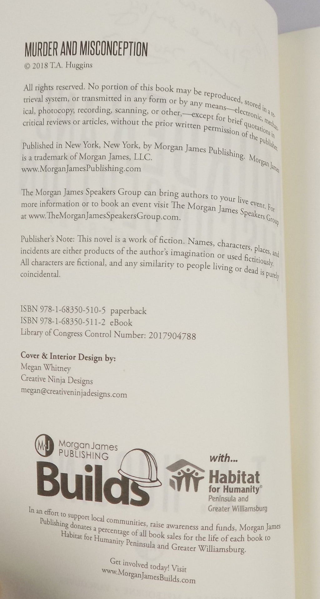 Murder and Misconception by T. A. Huggins · Morgan James Publishing · Signed Copy