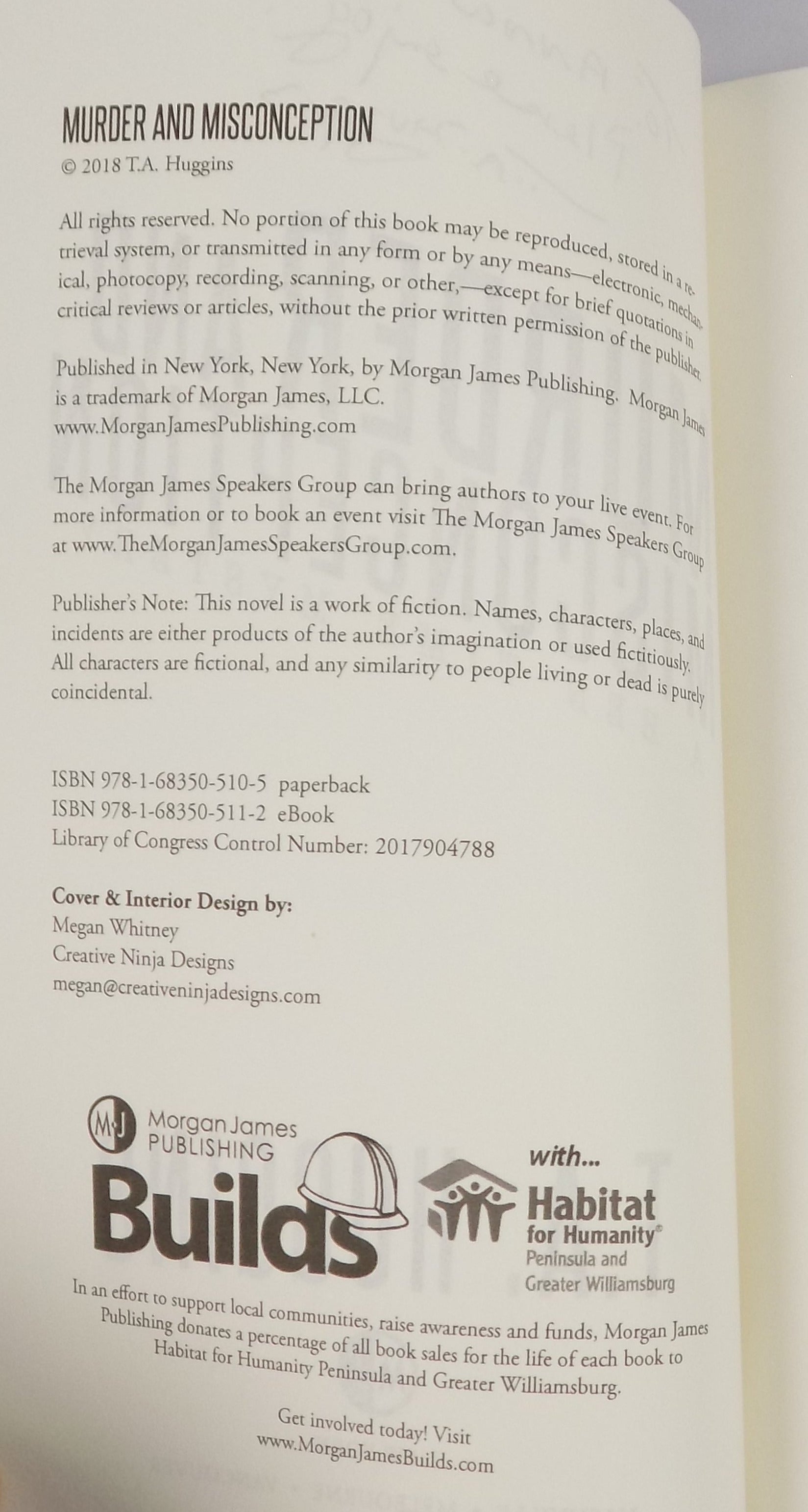 Murder and Misconception by T. A. Huggins · Morgan James Publishing · Signed Copy