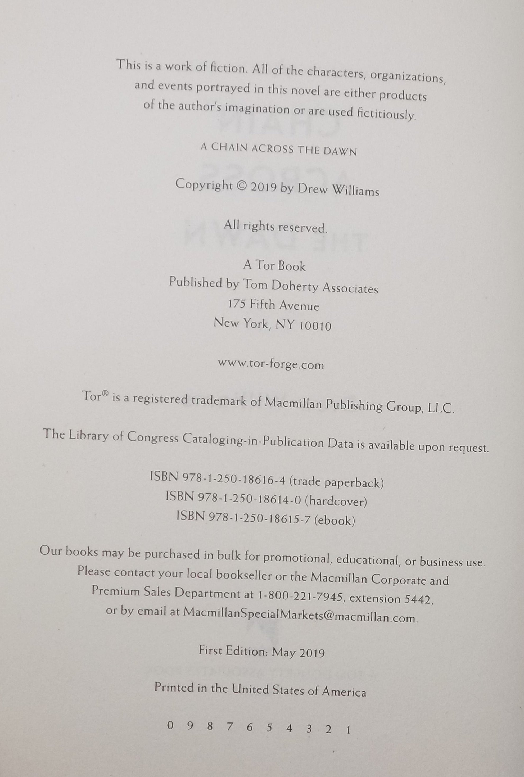 A Chain Across The Dawn by Drew William · Tor, 2019 · First Edition