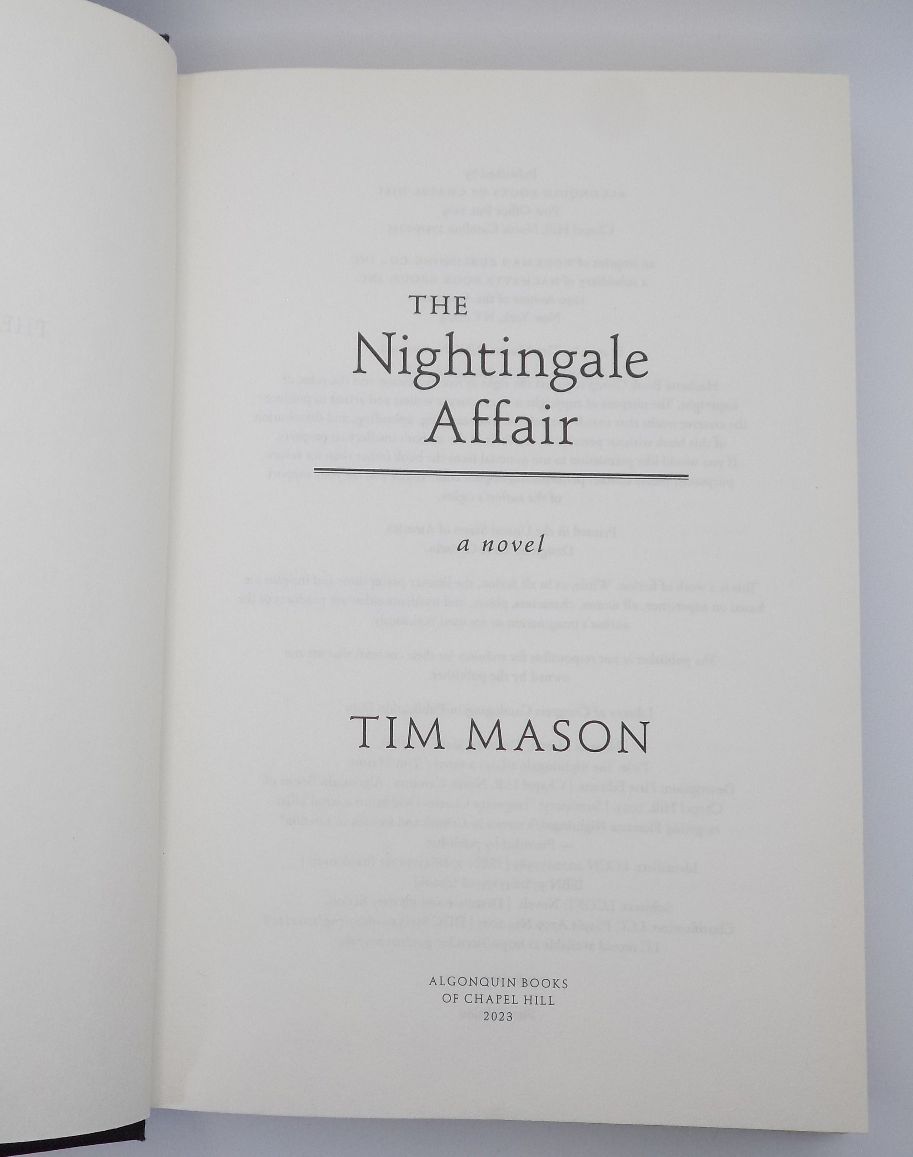 The Nightingale Affair by Tim Mason · Algonquin, 2023 · First Edition