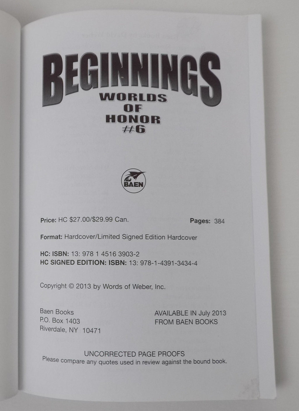 Beginnings by David Weber · Baen Books · Uncorrected Proof, 2013