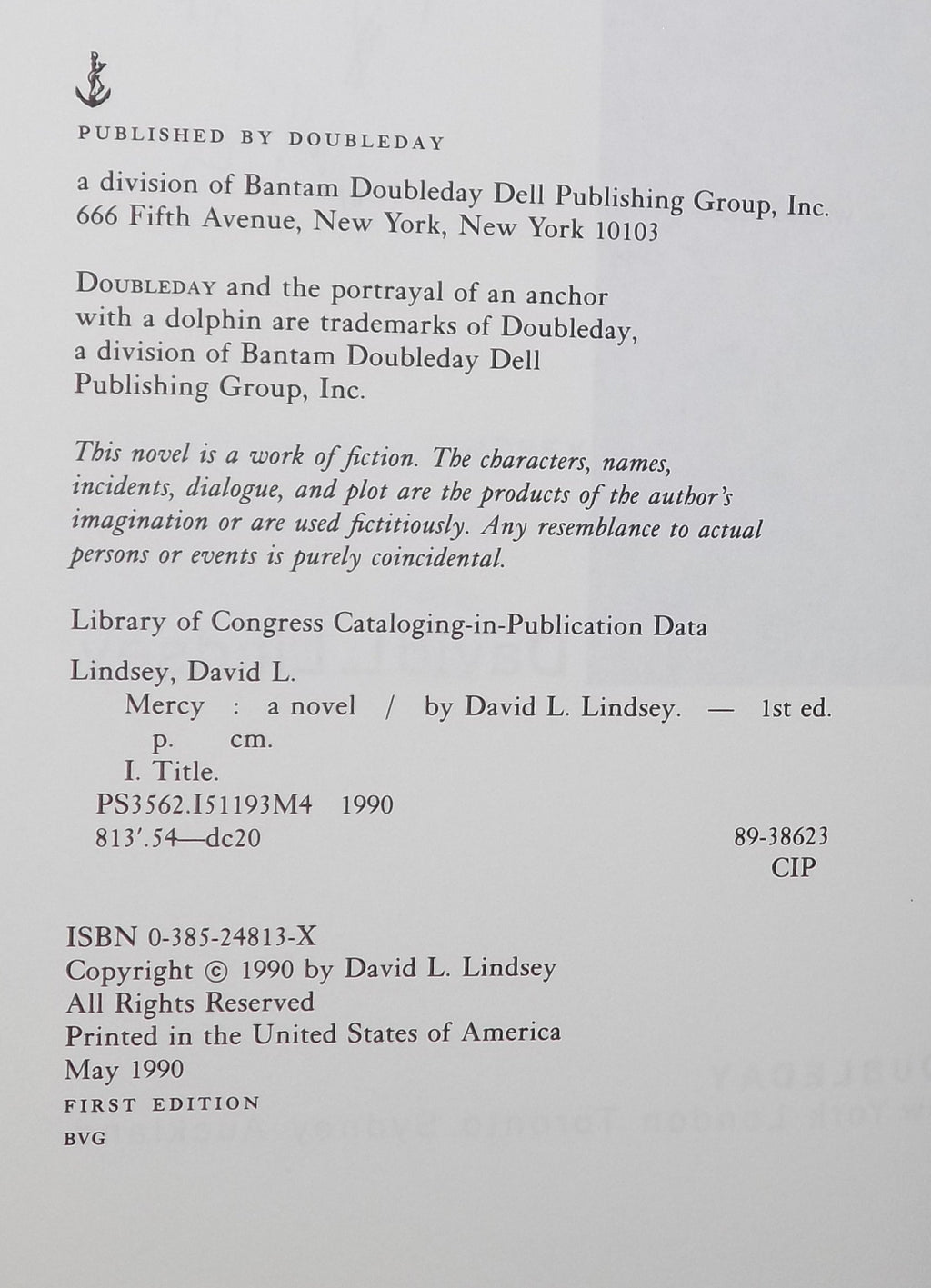 Mercy by David Lindsey · Doubleday, 1990 · First Edition