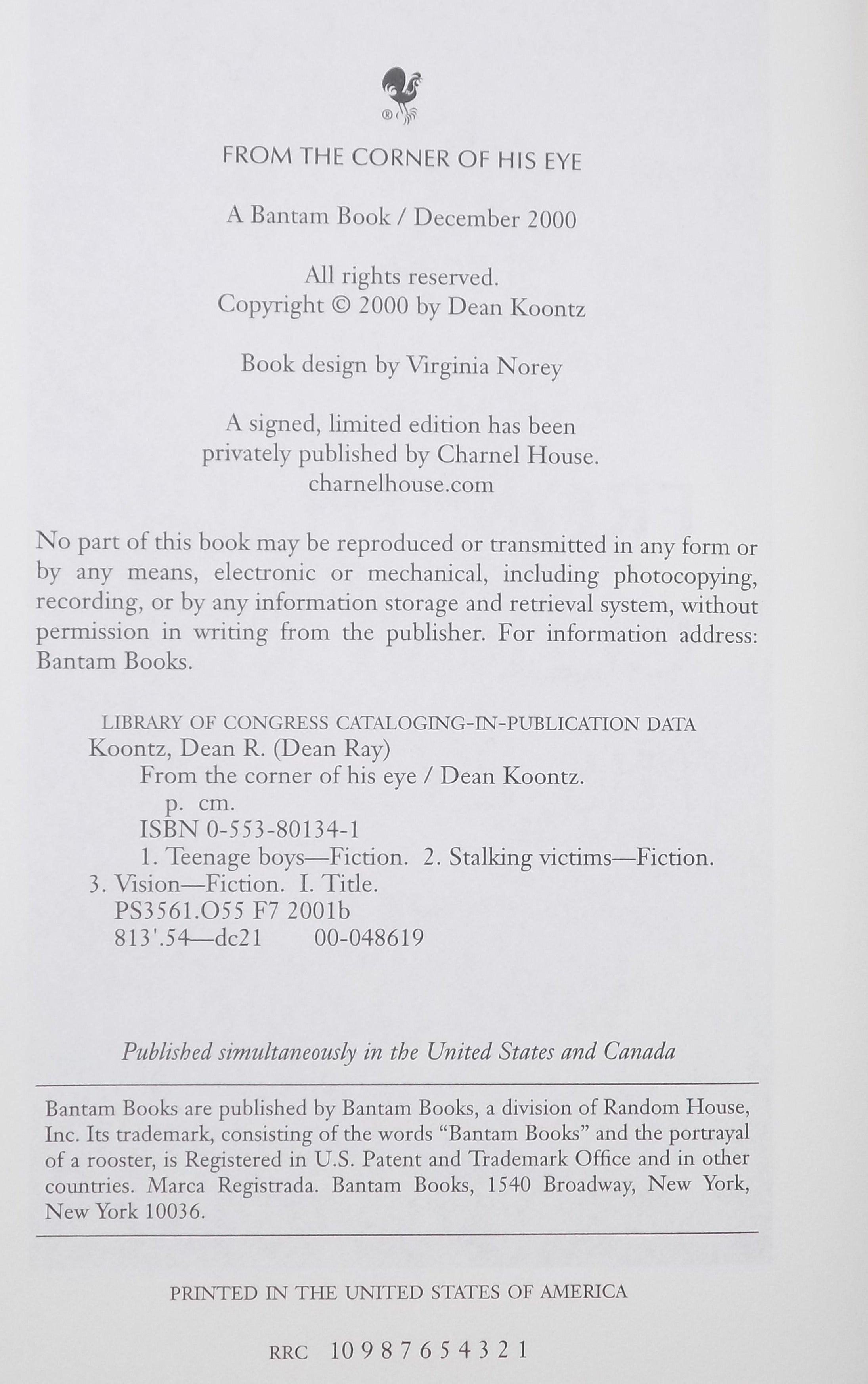 From the Corner of His Eye by Dean Koontz [ First Edition] Bantam Horror, 2000