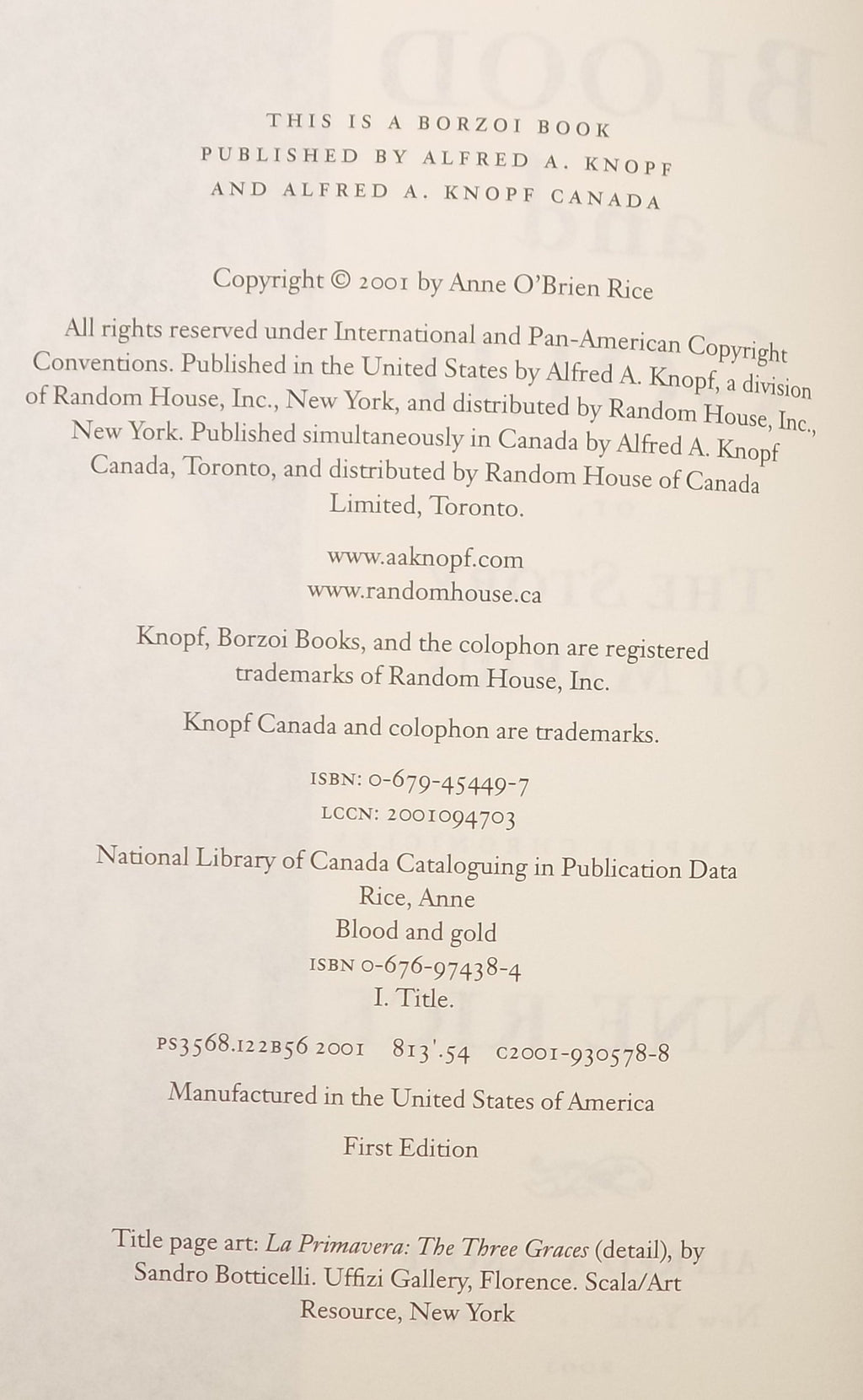 Blood and Gold  by Ann [1st Edition]  Rice Alfred A. Knopf, 2001