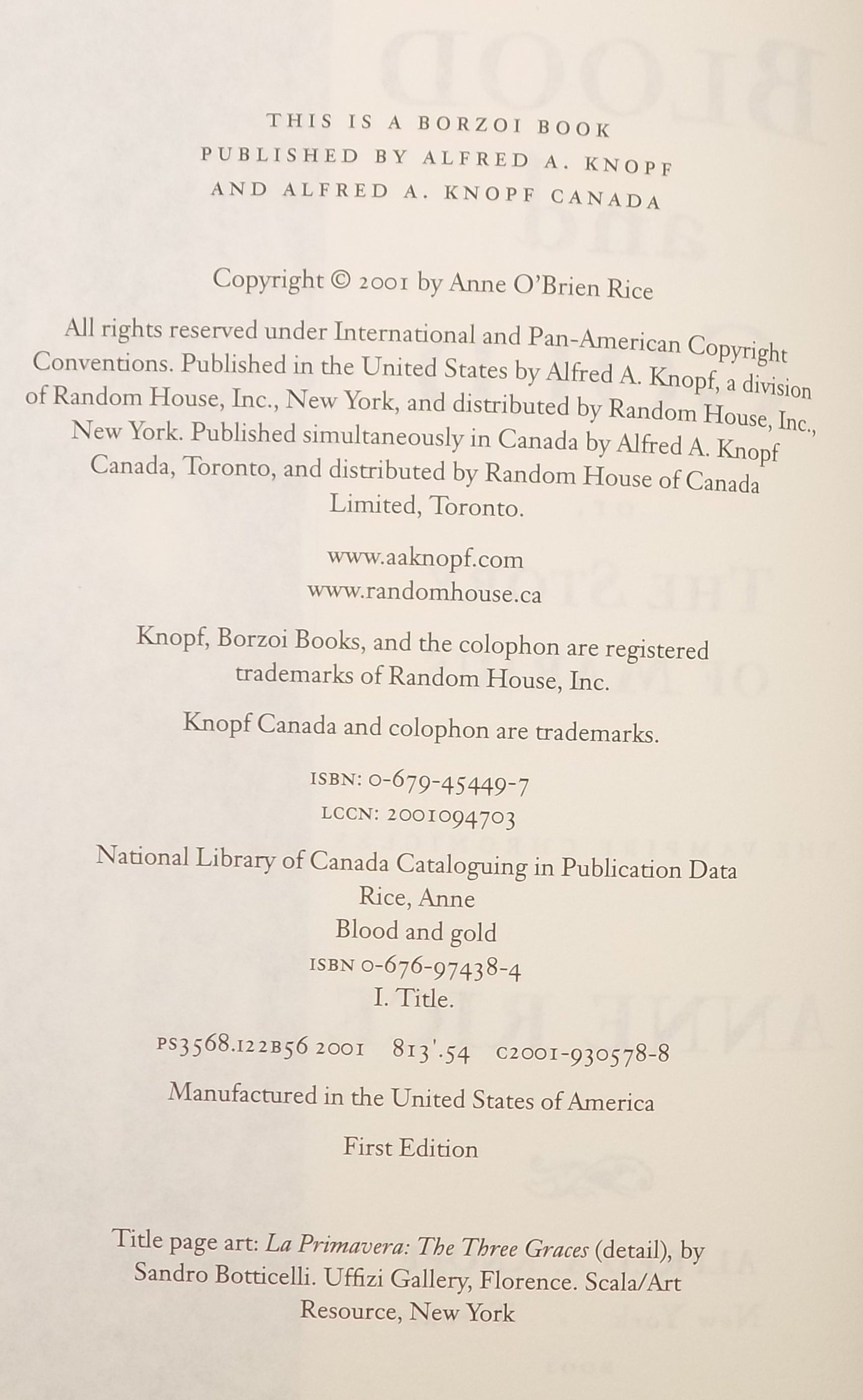 Blood and Gold  by Ann [1st Edition]  Rice Alfred A. Knopf, 2001