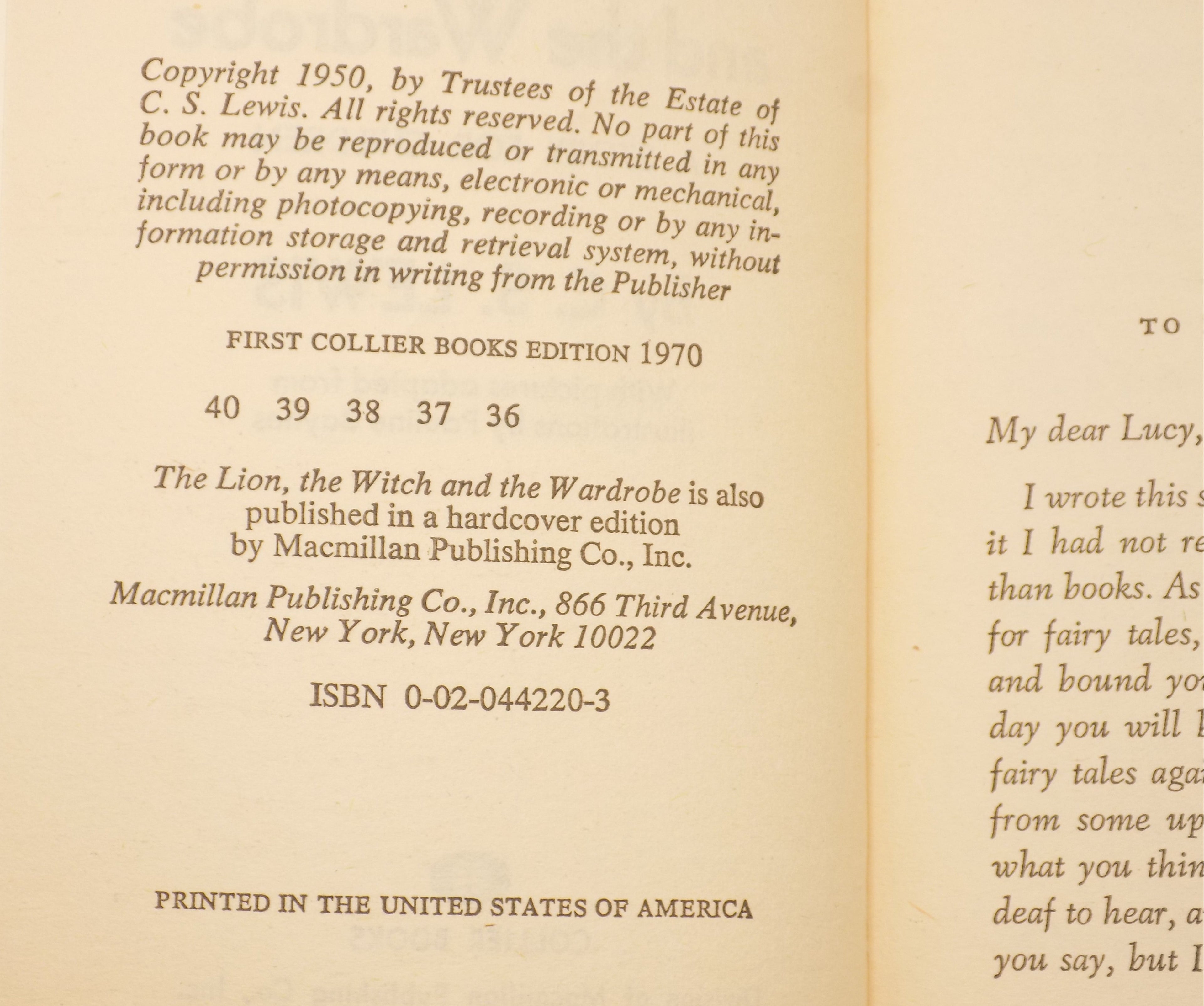 The Lion, The Witch and The Wardrobe by C.S. Lewis [Collier Books, 1970]