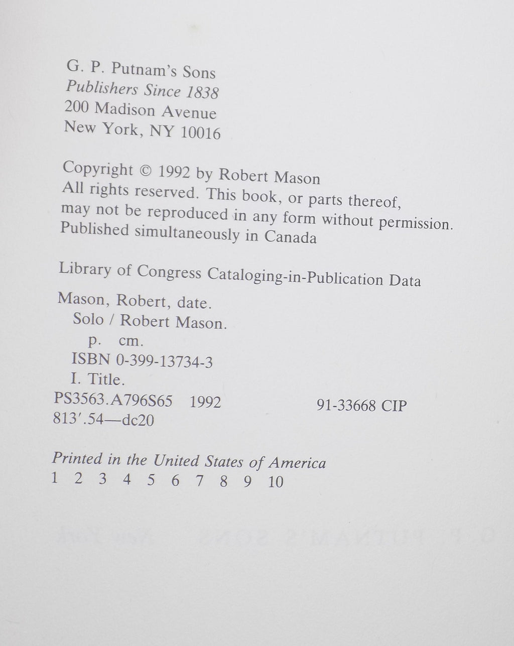 Solo by Robert Mason [Putnam, 1992]