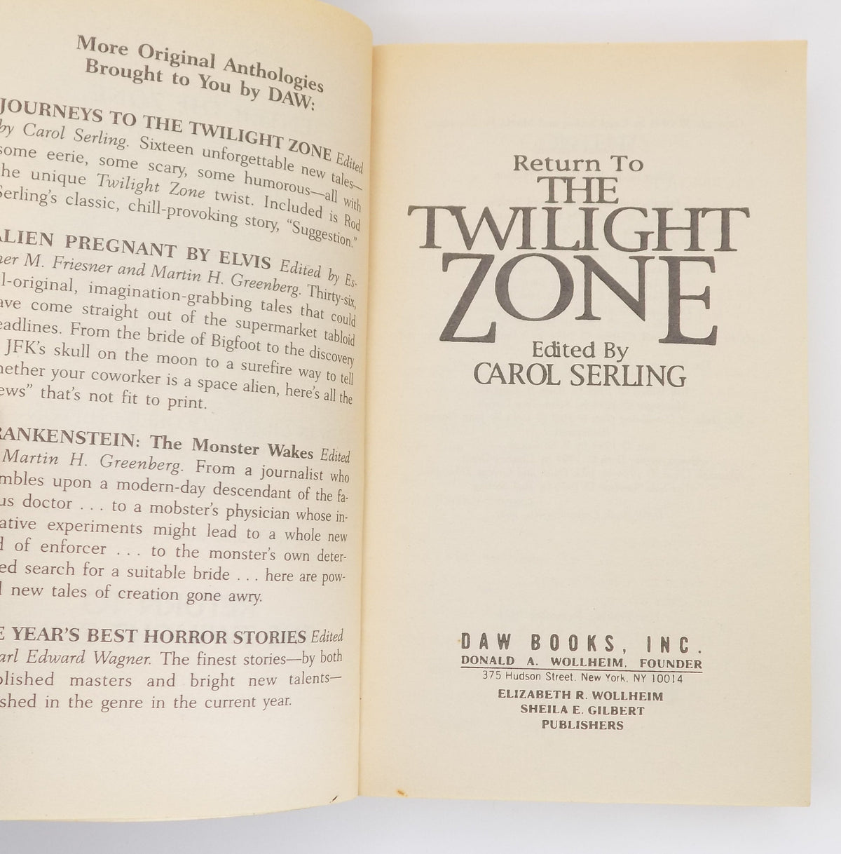 Return to the Twilight Zone by Carol Serling [1st DAW Printing, 1994]