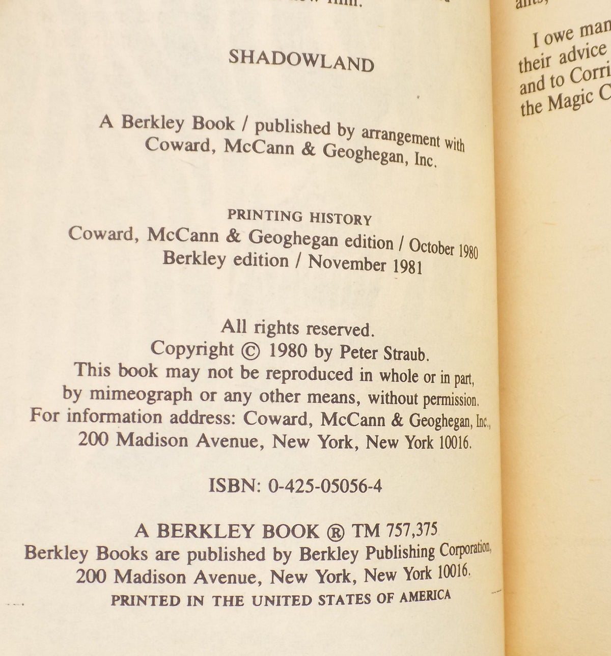Shadowland by Peter Straub [Berkley , 1981]