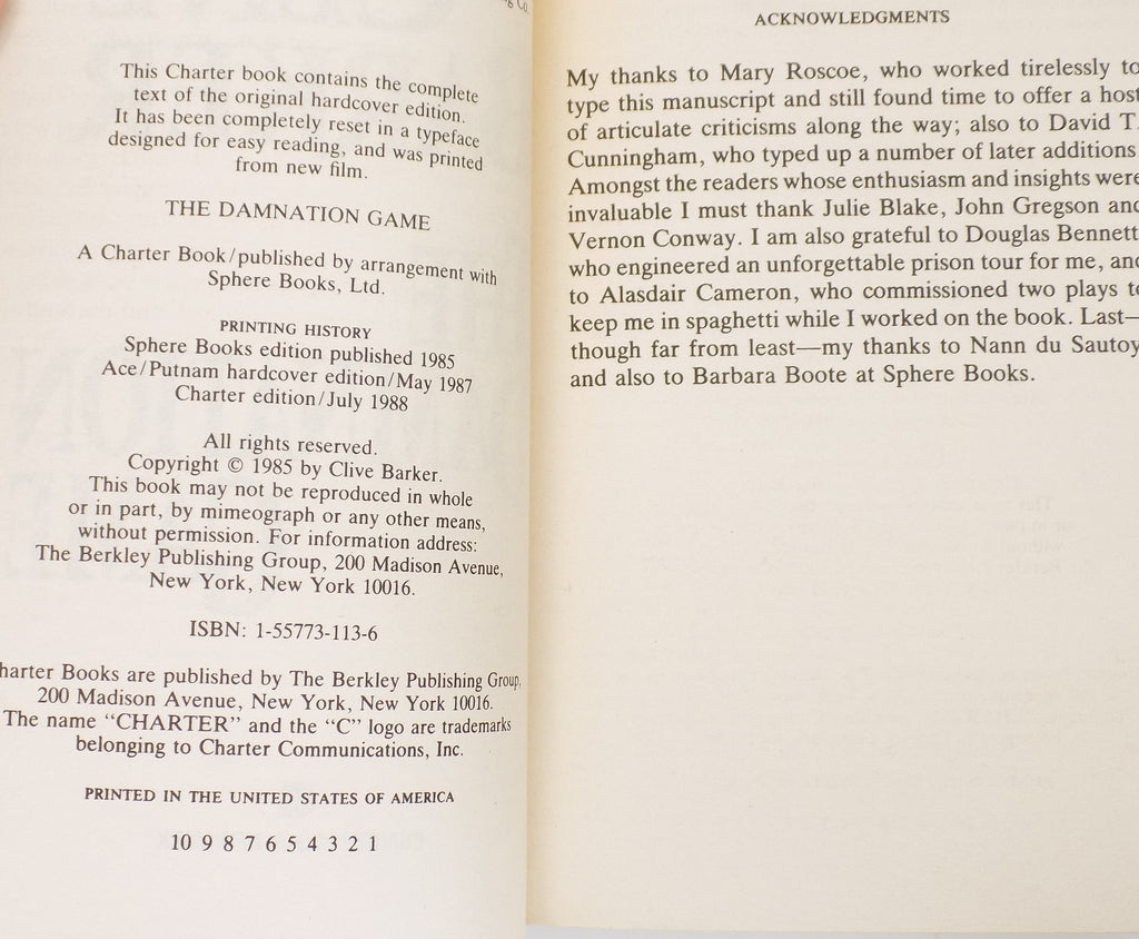 The Damnation Game by Clive Barker [Charter Books, 1988]