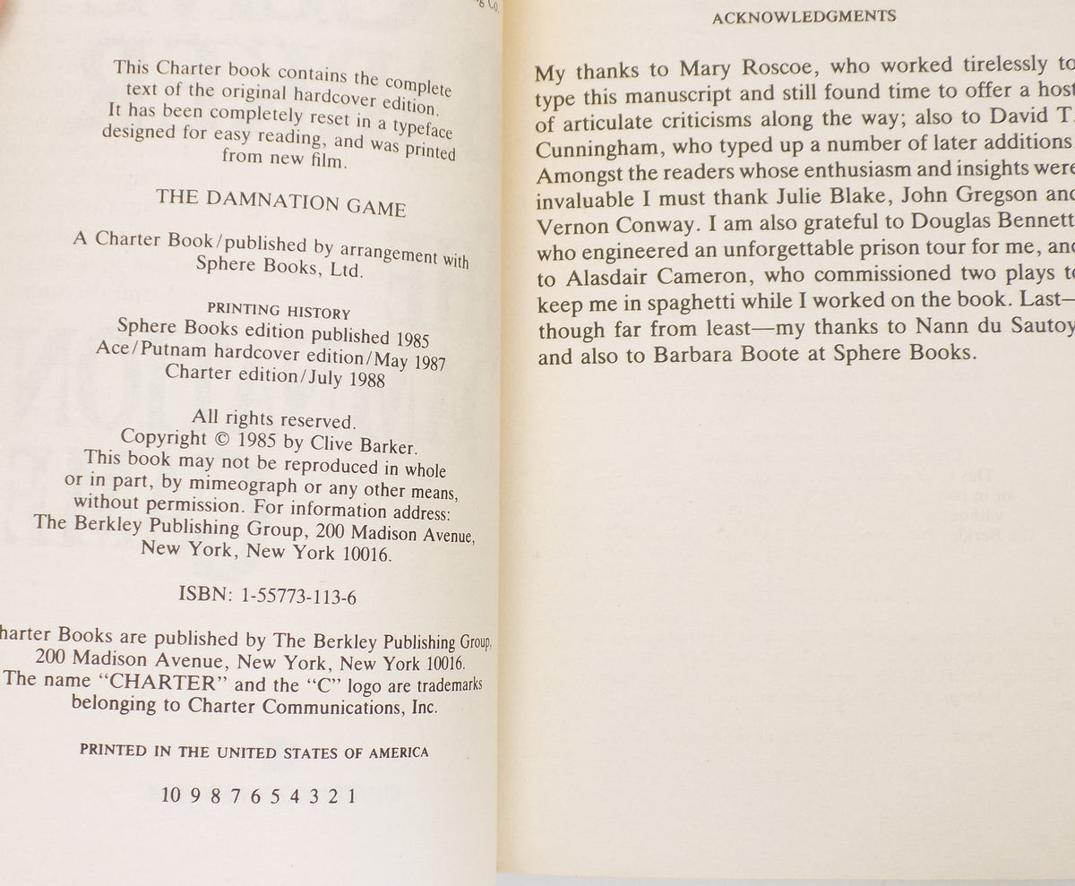 The Damnation Game by Clive Barker [Charter Books, 1988]