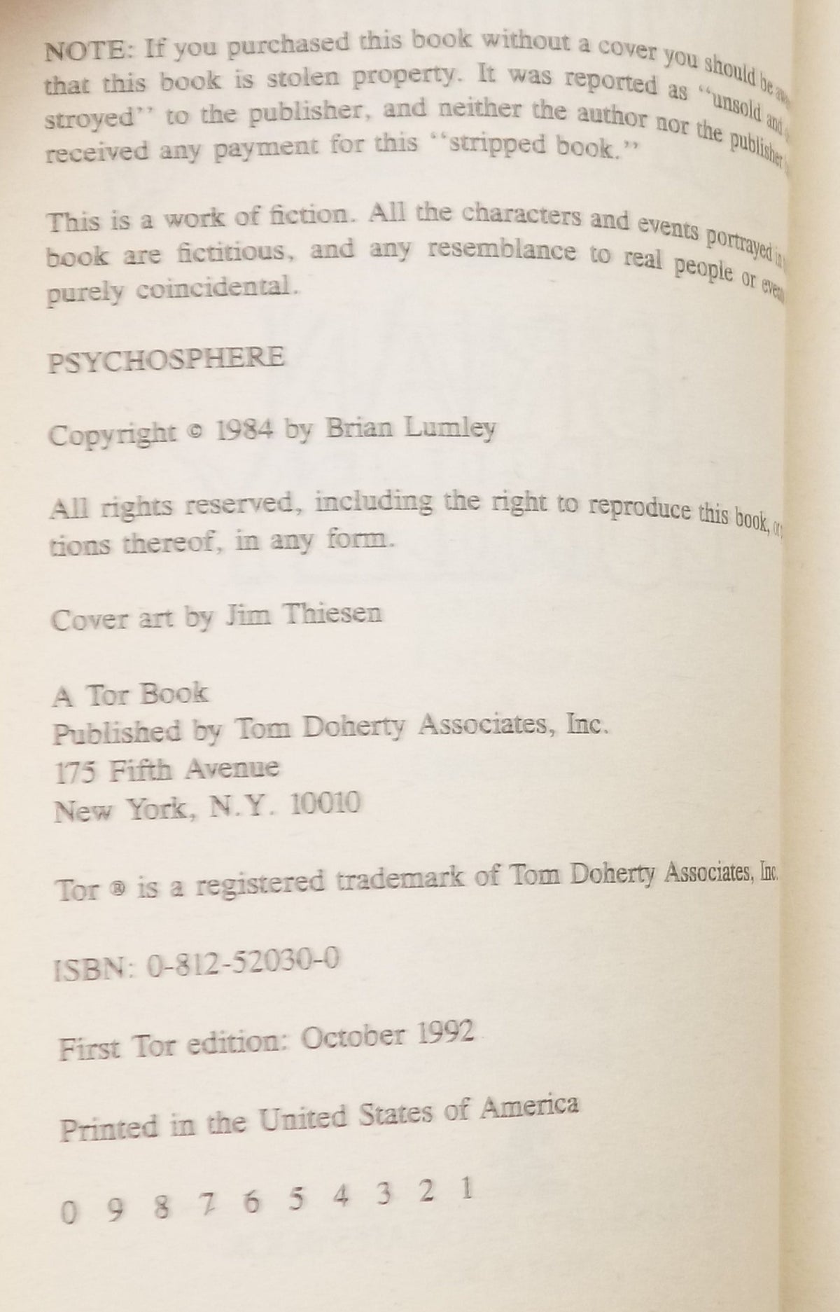 Psychosphere by Brian Lumley [1st Printing] ·TOR Horror, 1992
